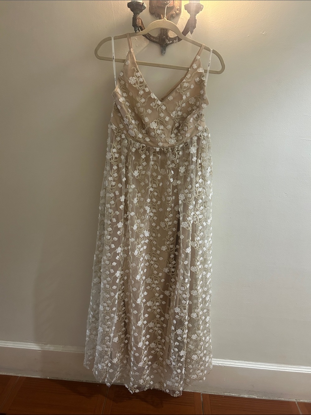 ARULA Beige Maxi Dress with White Floral Lace Overlay